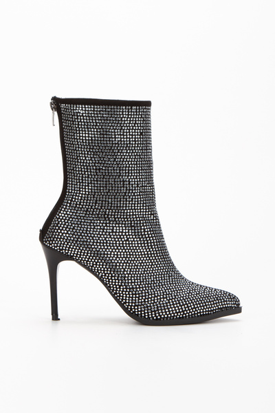 Akçetin Moda Kadın İnce Topuk Sivri Burunlu Fermuarlı Taşlı Bot