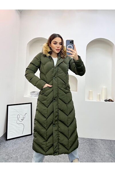 Fashionbox Kadın memory kumaş kürklü uzun şişme yelek 25112