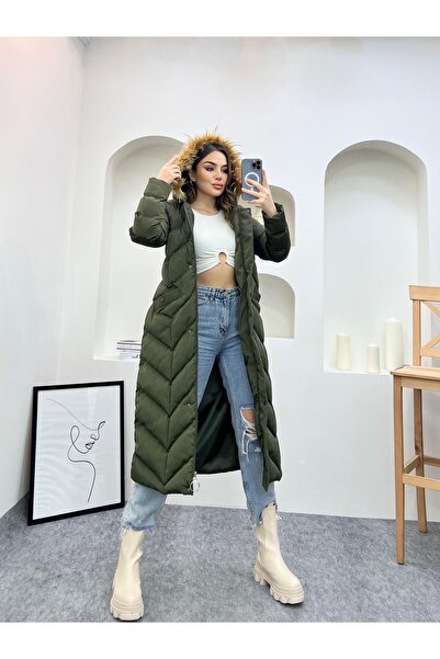 Fashionbox Kadın memory kumaş kürklü uzun şişme yelek 25112