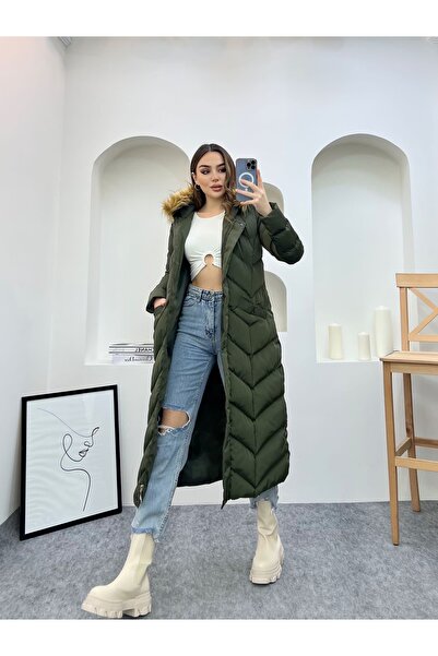 Fashionbox Kadın memory kumaş kürklü uzun şişme yelek 25112