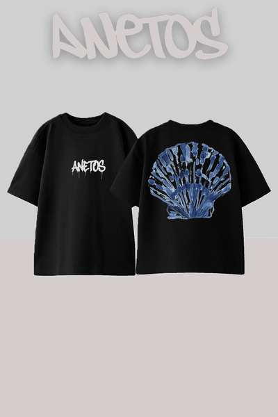 Anetos Μαύρο Oversize Τ-shirt με Έκτυπο Σχεδίασης Θαλάσσιου Κοχυλιού στην Πλάτη