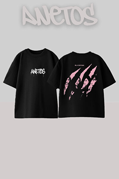 Anetos تي شيرت أسود كبير الحجم من القطن مطبوع عليه تصميم Black Pink 3