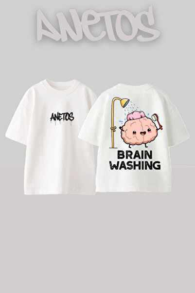 Anetos Braın Washıng Design Spate cu imprimeu Bumbac Alb supradimensionat tricou