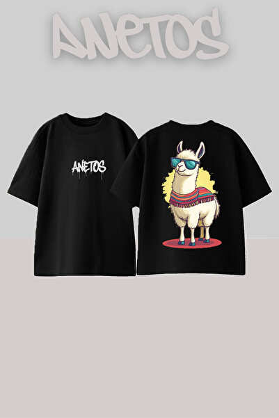 Anetos Lama Design Spate cu imprimeu Bumbac Negru supradimensionat tricou