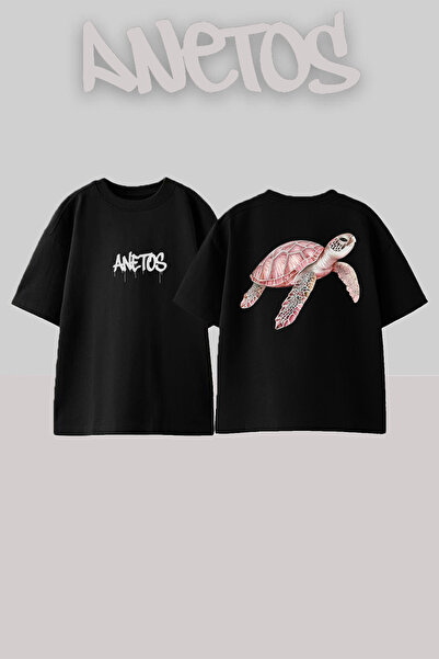 Anetos Rucsac cu design Turtle cu imprimeu Bumbac Negru supradimensionat tricou