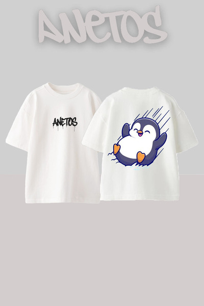 Anetos Rucsac cu design pinguin în mișcare cu imprimeu bumbac alb supradimensionat tricou