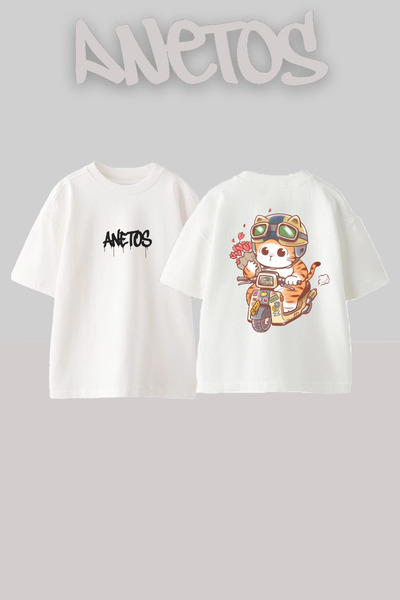 Anetos Μπλουζάκι Motor Rose Cat Design Back με τύπωμα Cotton White oversized