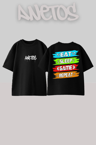 Anetos Eat Slaep Game Design Spate cu imprimeu Bumbac Negru supradimensionat ...