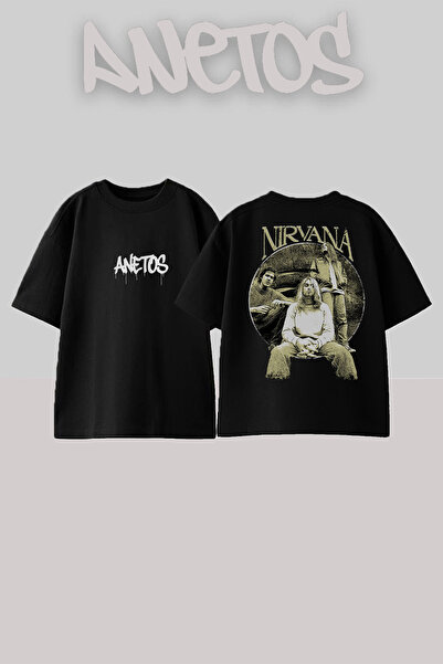 Anetos Nirvana 1 Design Spate cu imprimeu Bumbac Negru supradimensionat tricou