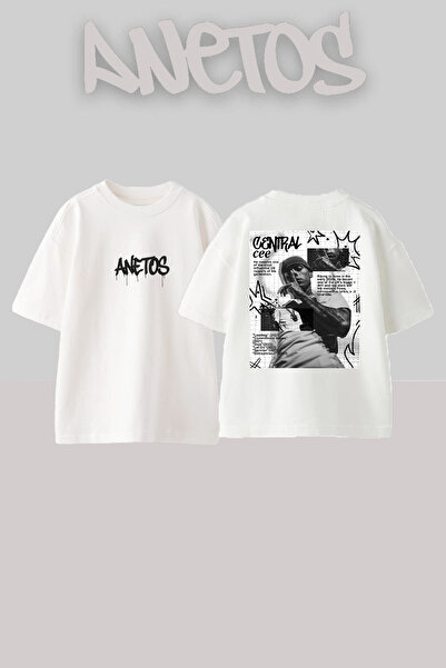 Anetos تي شيرت Centrall Cee 3 ذو تصميم مطبوع على الظهر من القطن الأبيض مقاس كبير
