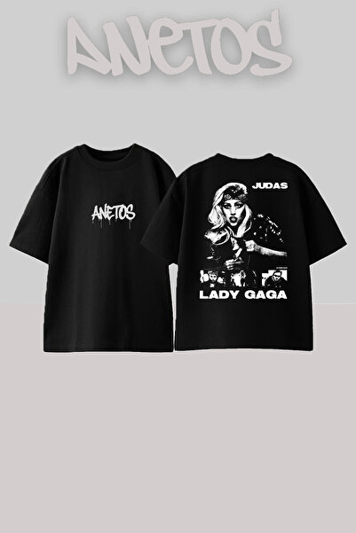 Anetos Lady Gaga 6 Design Back cu imprimeu Bumbac Negru supradimensionat tricou