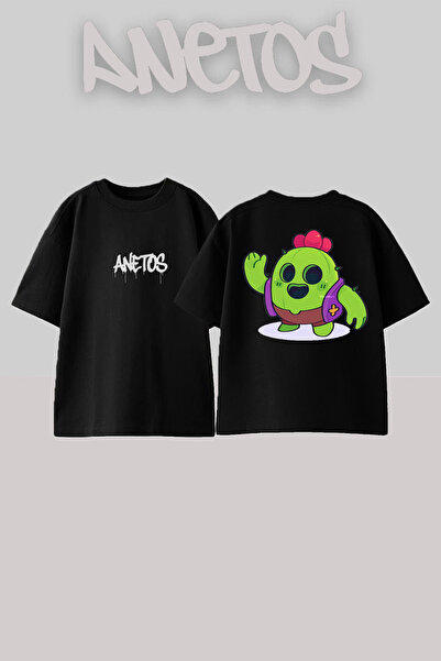 Anetos Spike Brawl Stars Tasarım Sırt Baskılı Pamuk Siyah Oversize T-shirt