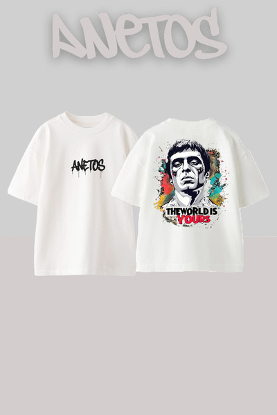 Anetos Tricou oversize alb din bumbac cu imprimeu pe spate Scarface 8 Design