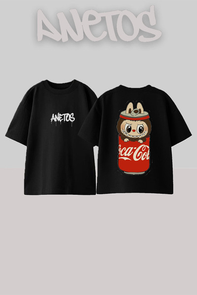 Anetos تي شيرت أسود كبير الحجم من القطن بتصميم لابوبو الأسود اللطيف ومطبوع عل...