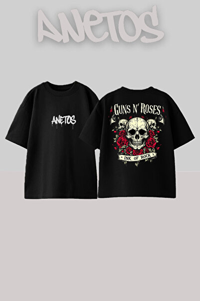 Anetos GunsN Roses Design Spate cu imprimeu Bumbac Negru supradimensionat tricou