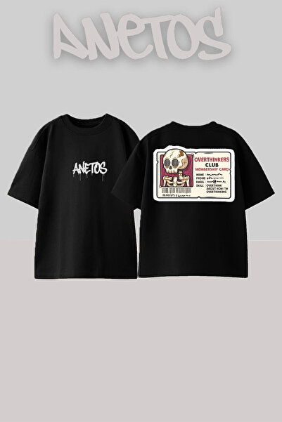 Anetos Μπλουζάκι Overthınkres Design Back με τύπωμα Cotton Black oversized