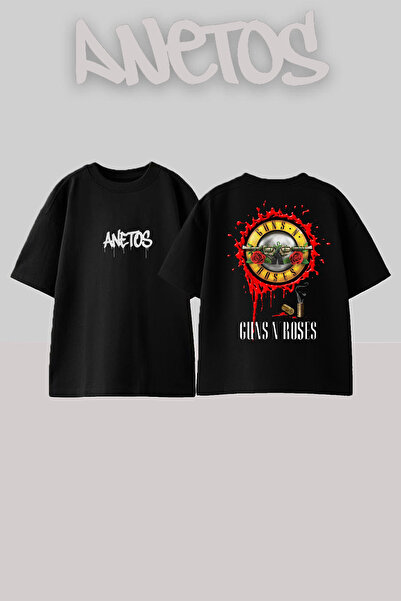 Anetos Guns N' Roses 2 Дизайн с печат на гърба Памучна черна тениска с голям ...