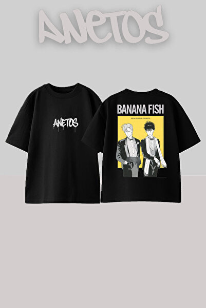 Anetos Banana Fish 7 Design Back cu imprimeu Bumbac Negru supradimensionat tr...