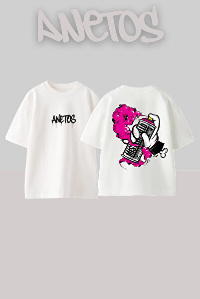 Anetos Μπλουζάκι Grafity Design Back με τύπωμα Cotton White oversized