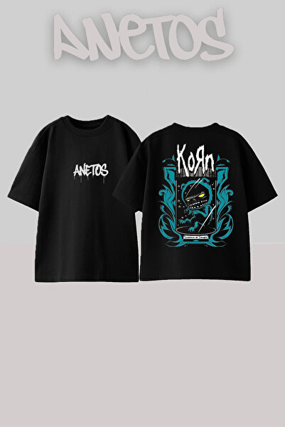 Anetos Korn 7 Design Spate cu imprimeu Bumbac Negru supradimensionat tricou