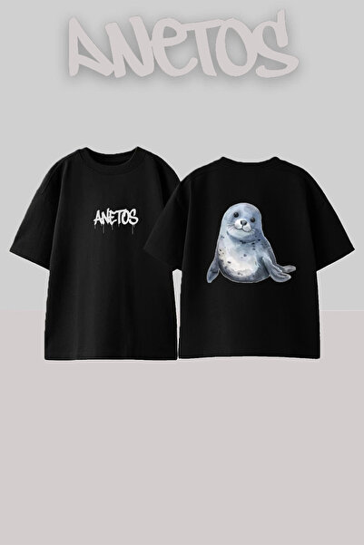Anetos Fok Balıgı Tasarım Sırt Baskılı Pamuk Siyah Oversize T-shirt