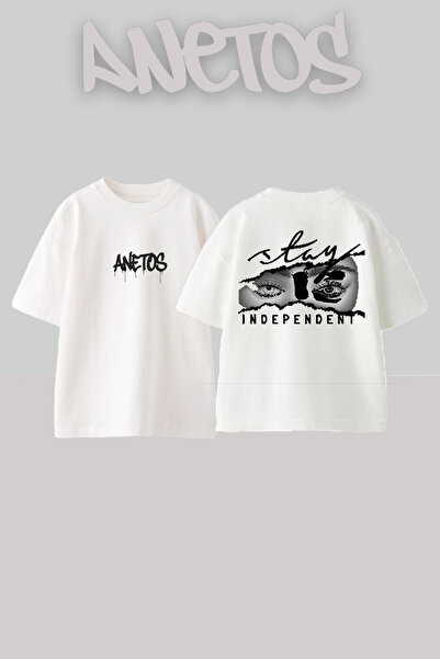 Anetos Μπλουζάκι Staye Design Back με τύπωμα Cotton White oversized