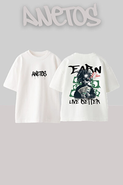 Anetos Εκτύπωση με λέξη Earn Money Design Μπλουζάκι με τύπωμα βαμβακερό λευκό...