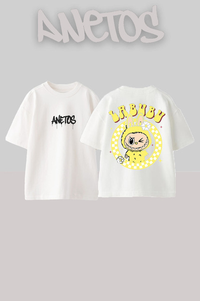 Anetos Labubu žuti dizajn ruksak Štampano Pamuk beli Oversize kroj T-shirt