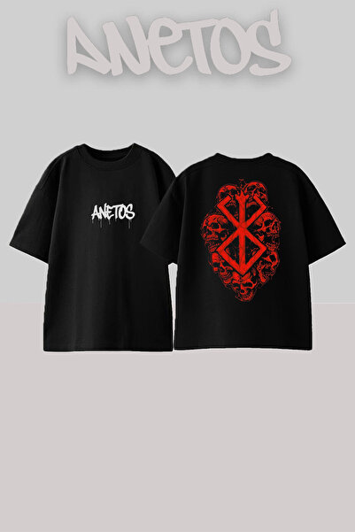 Anetos Berserk 12 Design Spate cu imprimeu Bumbac Negru supradimensionat tricou