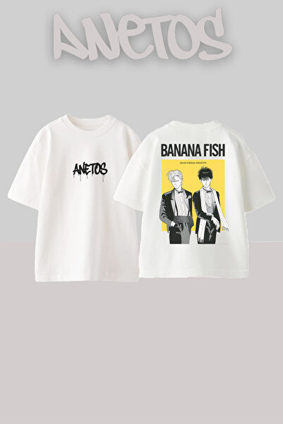 Anetos Banana Fish 7 Design Back cu imprimeu Bumbac Alb supradimensionat tricou