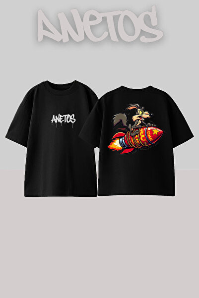 Anetos Rucsac Rocket Butch Design cu imprimeu Bumbac Negru supradimensionat t...