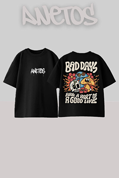 Anetos Bad Days Design Spate cu imprimeu Bumbac Negru supradimensionat tricou