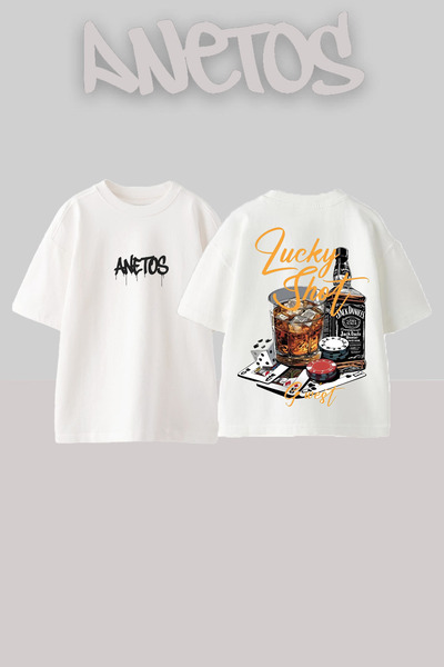 Anetos Tricou oversize alb din bumbac cu imprimeu pe spate Lucky Shot.