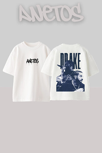 Anetos تي شيرت دريك 10 ذو تصميم مطبوع على الظهر من القطن الأبيض مقاس كبير