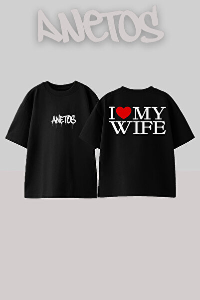 Anetos I Love My Wife Design Rucsac cu imprimeu Bumbac Negru supradimensionat...