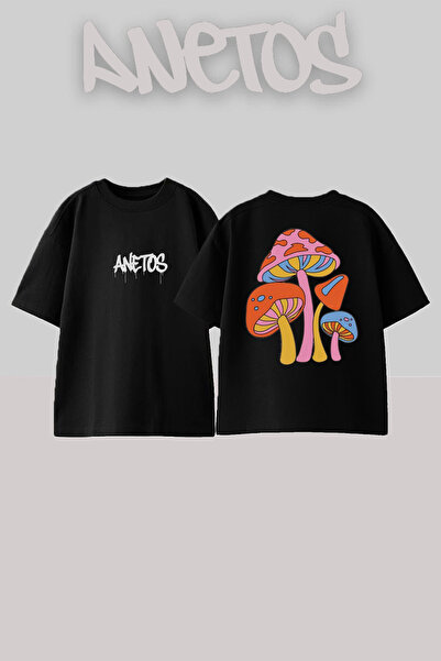 Anetos Μπλουζάκι Oversized Black με τύπωμα Μανιτάρι στην πλάτη