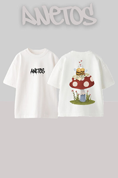 Anetos Оверсайз тениска от памук с бял гръб и дизайн на пчели за влюбени