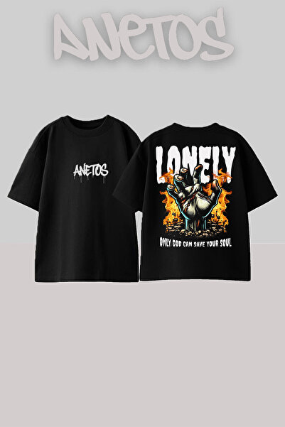 Anetos Μπλουζάκι Lonely Design με τύπωμα Cotton Black oversized