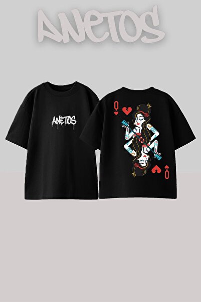 Anetos Card Design Spate cu imprimeu Bumbac Negru supradimensionat tricou