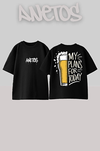 Anetos Beer 1 Design Spate cu imprimeu Bumbac Negru supradimensionat tricou
