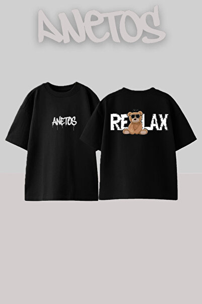 Anetos Relax Bear Design Spate cu imprimeu Bumbac Negru supradimensionat tricou