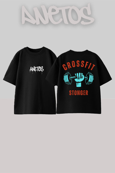 Anetos تي شيرت كروس فيت 1 مصنوع من القطن الأسود ذو تصميم كبير الحجم ومطبوع عل...