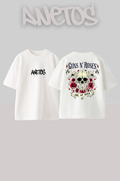 Anetos GunsN Roses Design Back cu imprimeu Bumbac Alb supradimensionat tricou