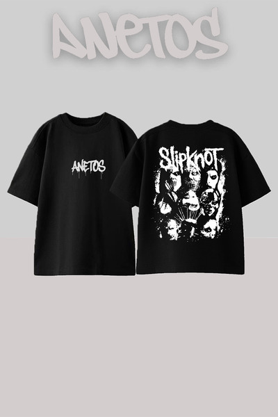 Anetos Slipknot 5 Design Back cu imprimeu Bumbac Negru supradimensionat tricou