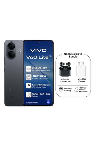 vivo V60 Lite AI 5G Dual SIM Elegant Black 12GB RAM 256GB With Exclusive Gifts Earbuds Pro,90W Charg