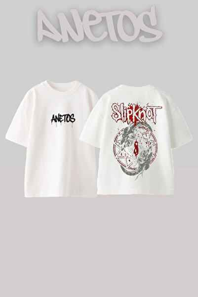 Anetos Slipknot 7 Design Back cu imprimeu Bumbac Alb supradimensionat tricou