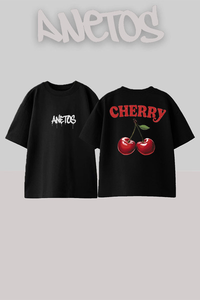 Anetos Tricou negru oversize din bumbac cu imprimeu la spate cu design Cherry 3