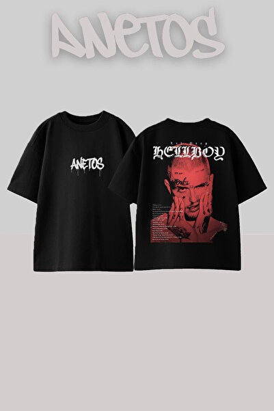 Anetos Lil Peep 3 Tasarım Sırt Baskılı Pamuk Siyah Oversize T-shirt