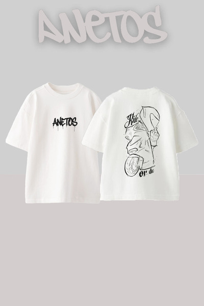 Anetos Μπλουζάκι Biker 1 Design Back με τύπωμα Cotton White oversized
