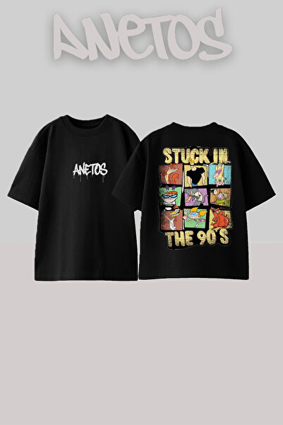 Anetos تي شيرت جوني برافو مصنوع من القطن الأسود ذو تصميم كبير الحجم ومطبوع عل...